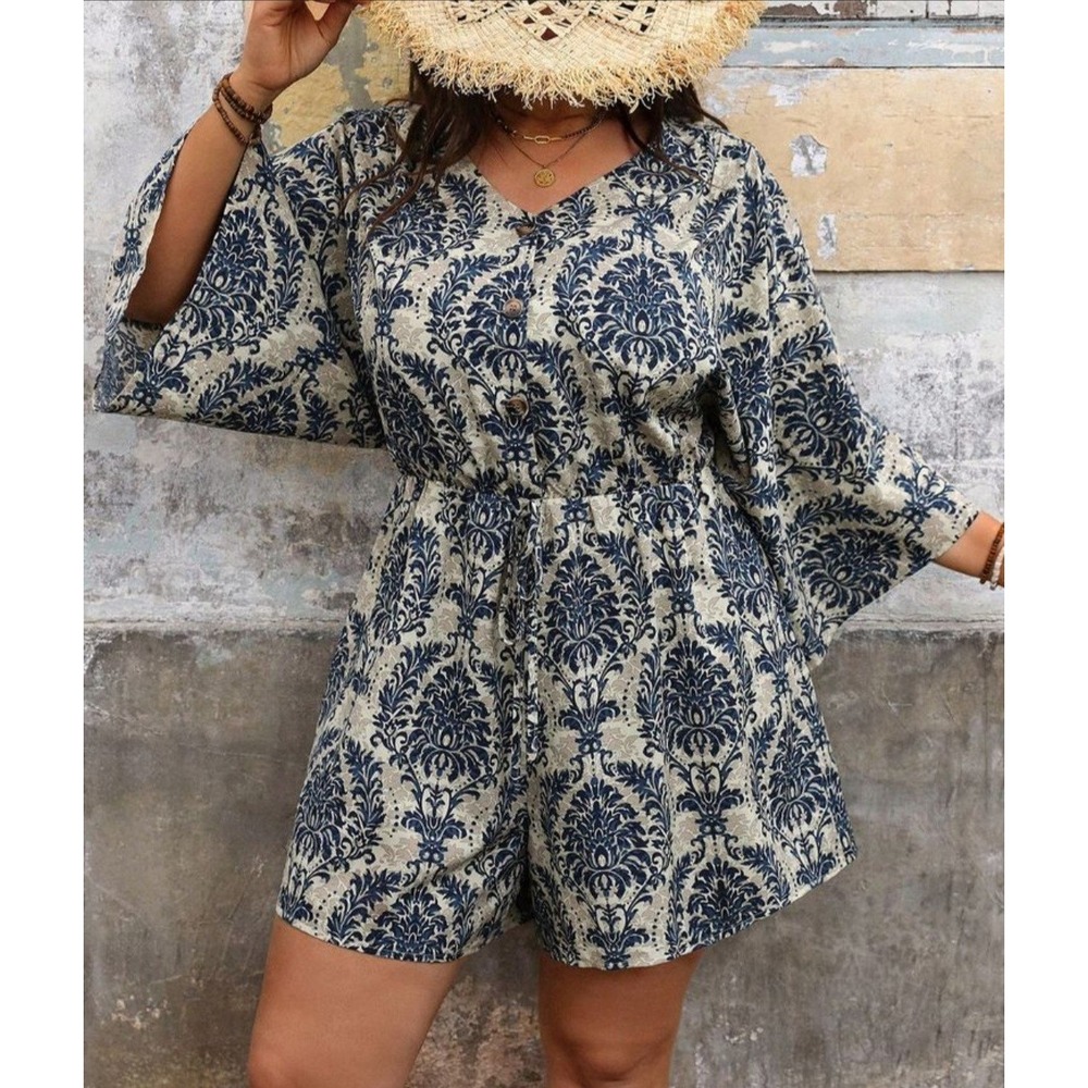 Unbranded Damask Romper Women Blue Cream Boho‎ V-Neck